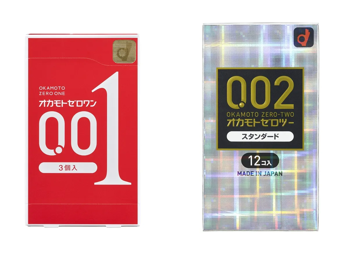 （左から）オカモトゼロワン 3個入り ￥990、オカモトゼロツー スタンダード 12個入り ￥2,200（問い合わせ／オカモト ●https://www.okamoto-inc.jp/contact/）